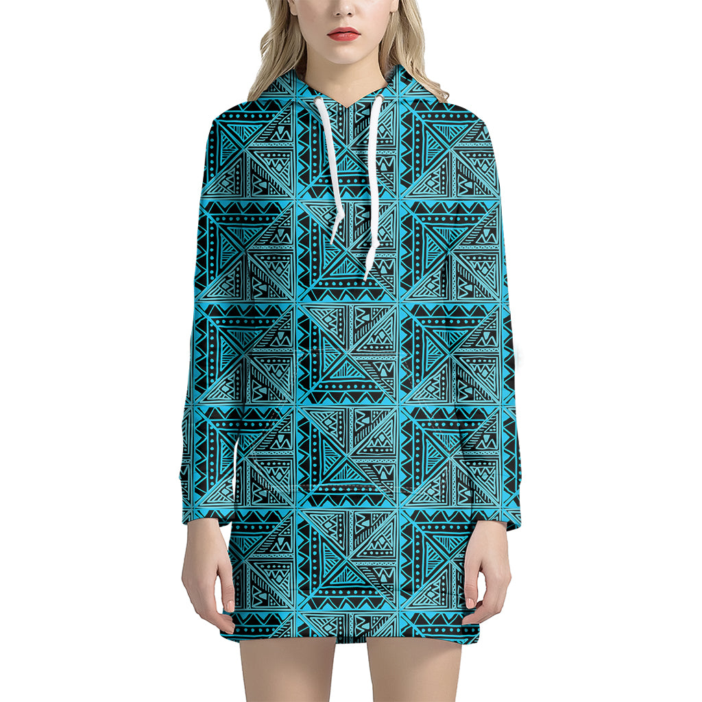 Turquoise African Ethnic Pattern Print Women’S Pullover Hoodie Dress