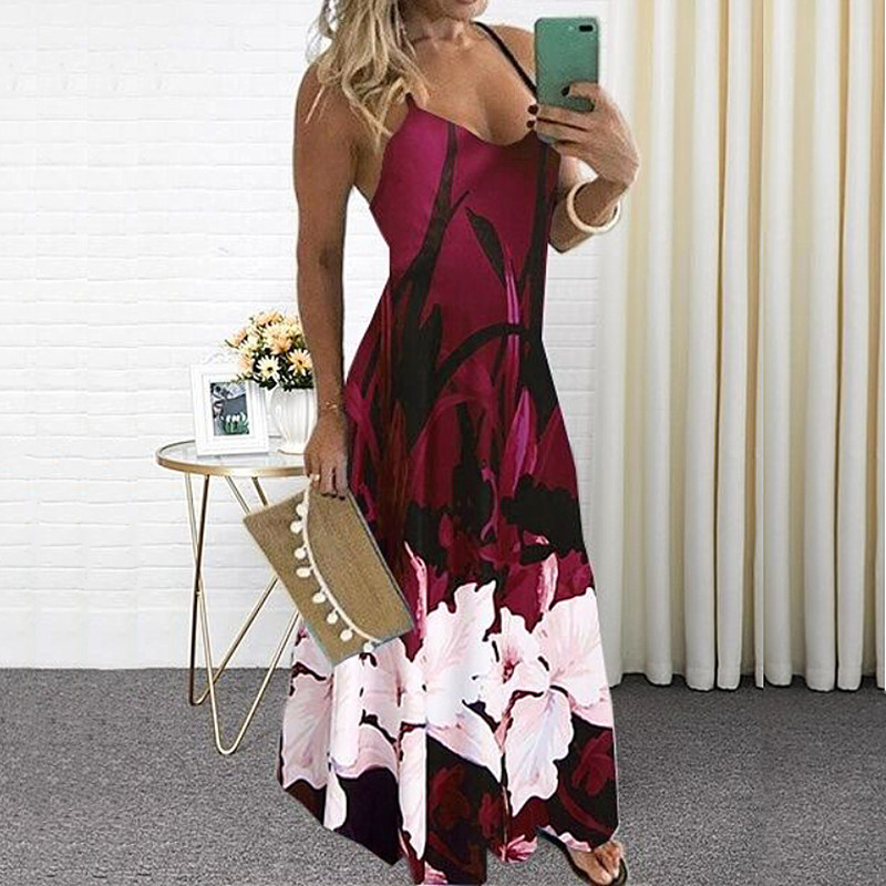 Vintage Floral Print Dress Sexy Spaghetti Strap V Neck Long Dresses Women Summer Beach Dresses Party Tunic Oversized Clothing alx