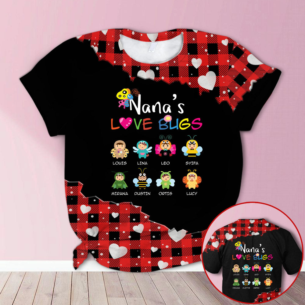 Personalized Nana’S Love Bugs Cute Grandkids Red Plaid All Over Print Shirts, 3D Shirts For Grandma Hn98 Do99