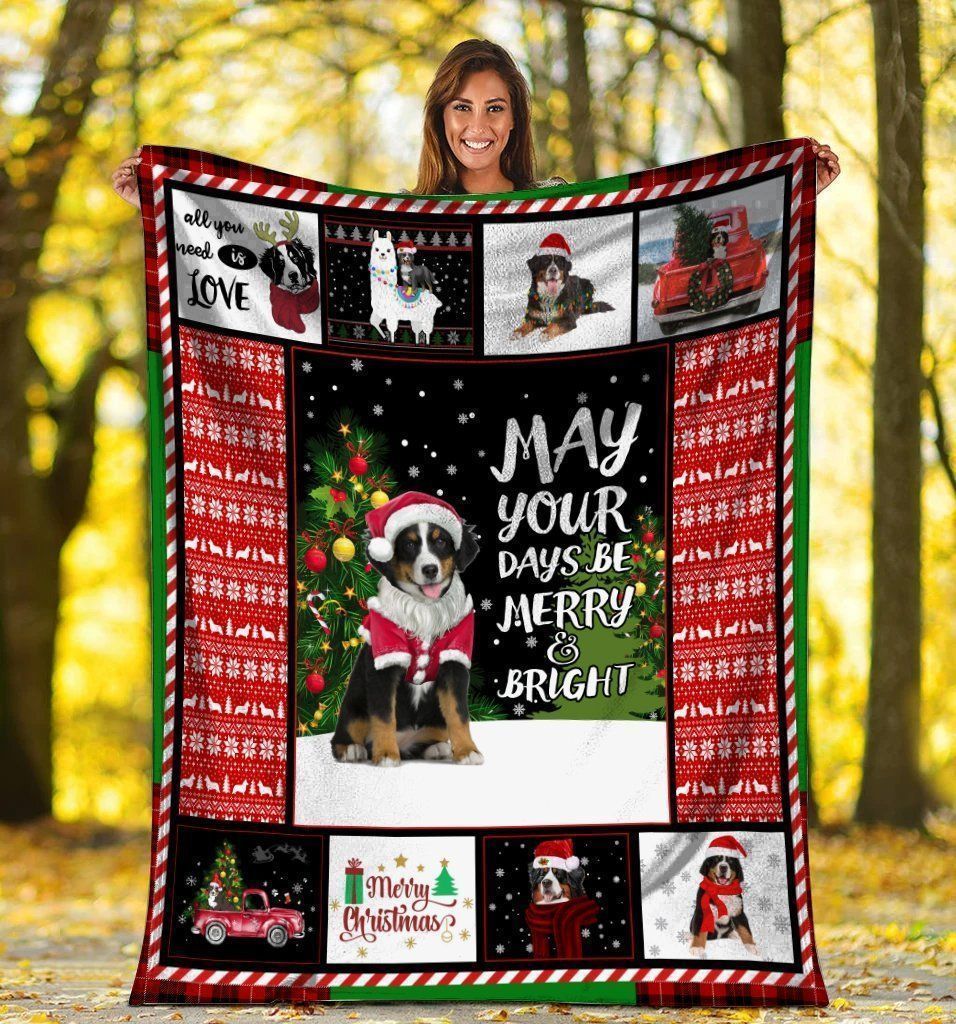 Dog Blanket May Your Days Be Merry And Bright Bernese Mountain Dog Xmas Christmas Fleece Blanket