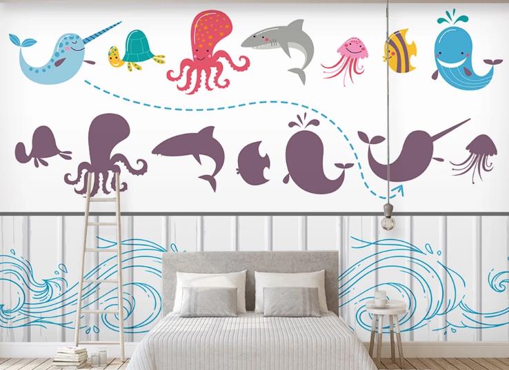 3D Hand Drawn Waves Sea Animals Wall Mural Wallpaper Lqh 179