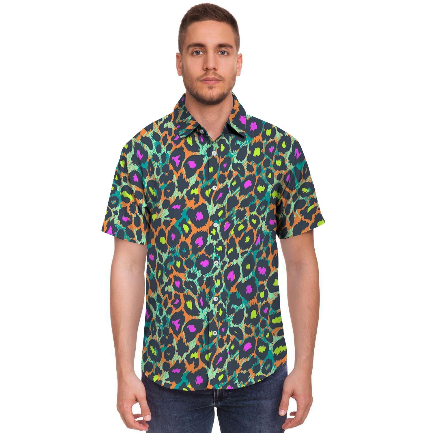 Colorful Neon Leopard Men’S Short Sleeve Shirt