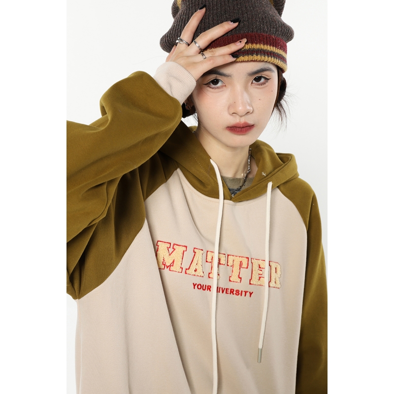 Vintage Green Women Sweatshirt Embroidery Splicing American Fashion Streetwear Lazy Wind Warm Winter Female Hooded Pullover alx