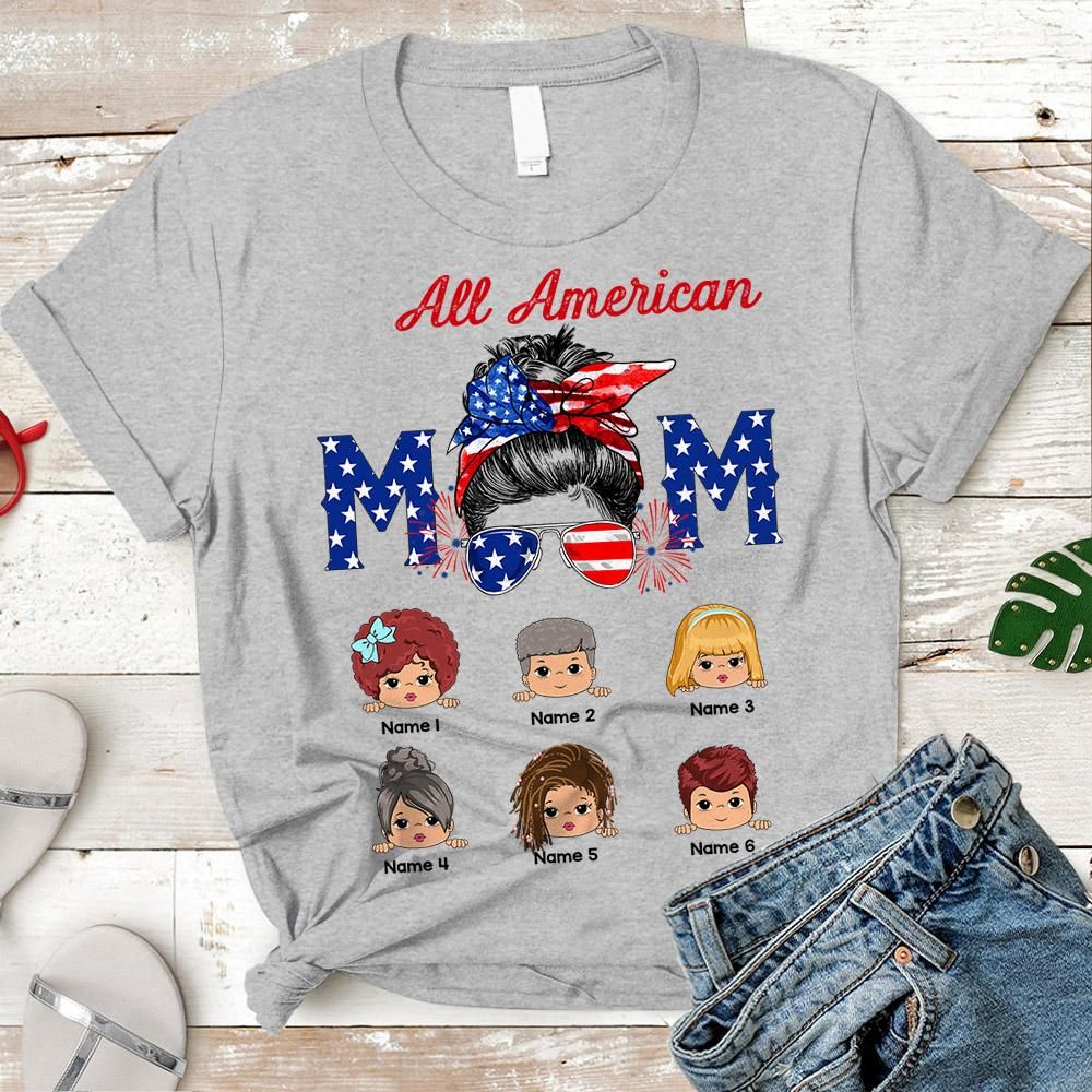 All American Mom Gift For Mom Custom Name Grey T-Shirt