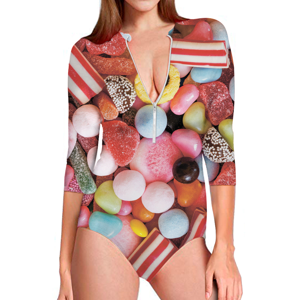 Colorful Candy And Jelly Print Long Sleeve One Piece Swimsuit