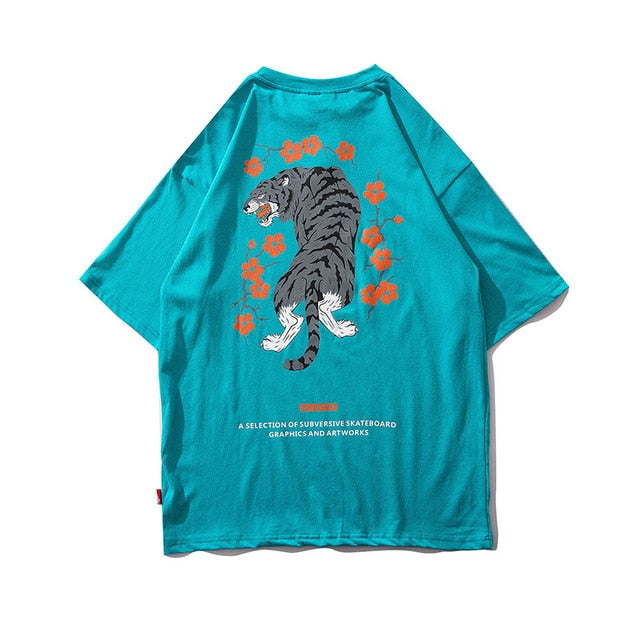 Tiger Flower Printed Hip Hop Streetwear Loose Tees