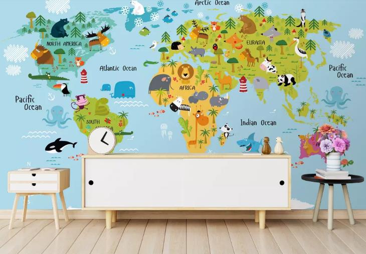 3D Blue Animal World Map Wall Mural Wallpaper Lqh 570