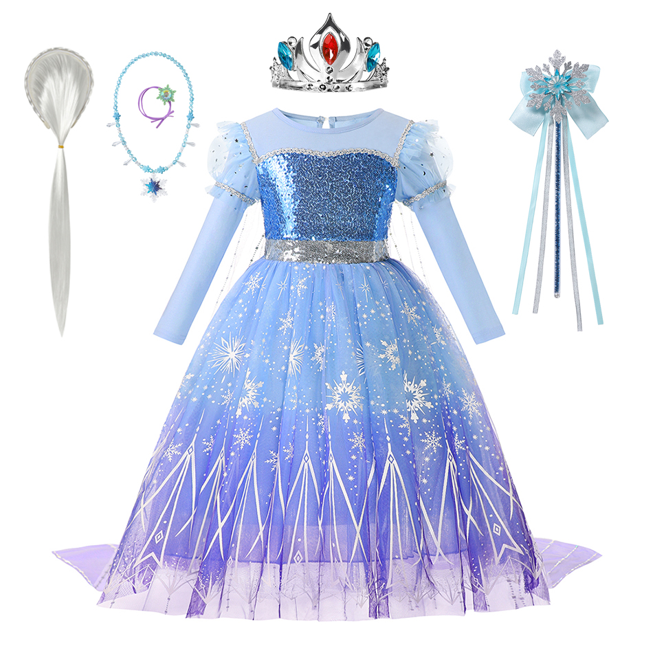 Winter Dress Frozen Elsa Long Sleeve Princess Dress Kid Girl Snow Queen Christmas Cosplay Party Costume Fur Collar Prom Gown alx