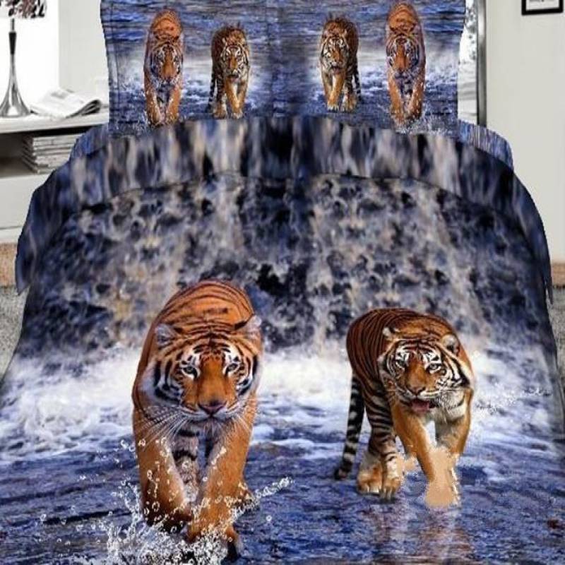 3D Tiger Walking In Waterfalls Printed Cotton Luxury 4-Piece Bedding Sets/Duvet Covers