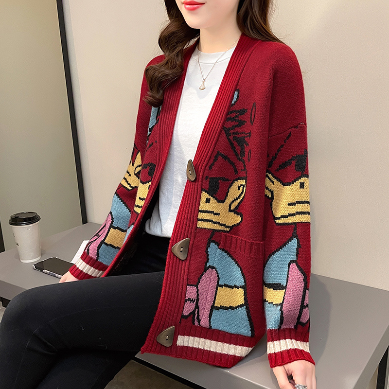 2022 Casual Coat Women Knitted Sweater Cardigan Button Kawaii Donald Duck Winter Cartoon Print Loose Knitwear Streetwear alx