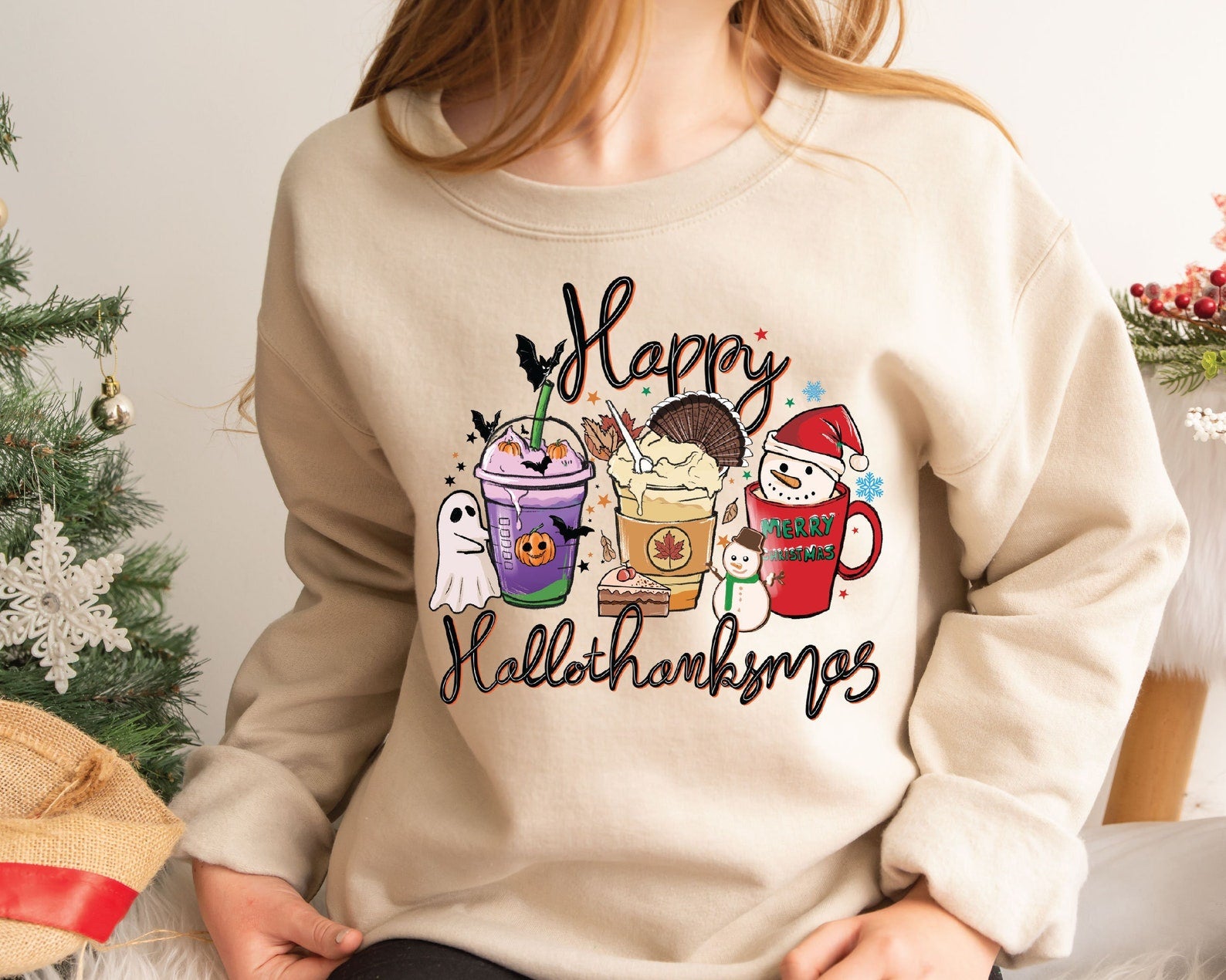 Happy Hallothanksmas Sweatshirt Halloween 2D Crewneck Sweatshirt All Over Print Sweatshirt For Women Sweatshirt For Men Sws3575