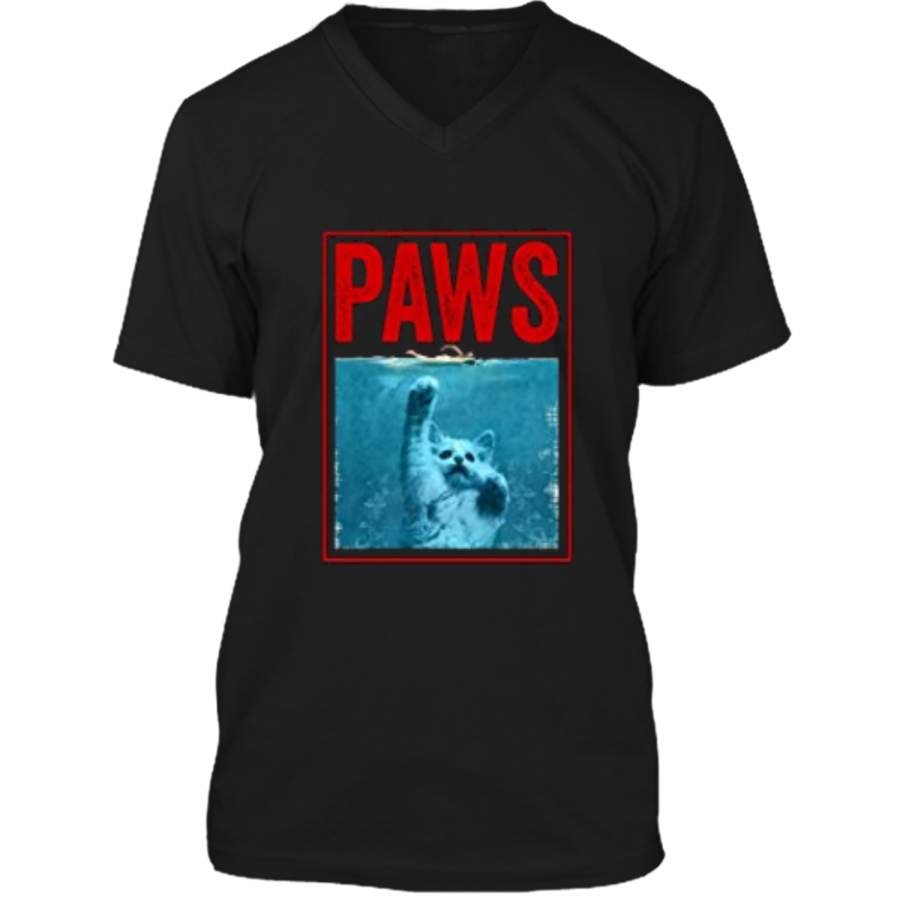 PAWS Funny Cat Kitten  For Shark And Cat Lovers Mens Printed V-Neck T