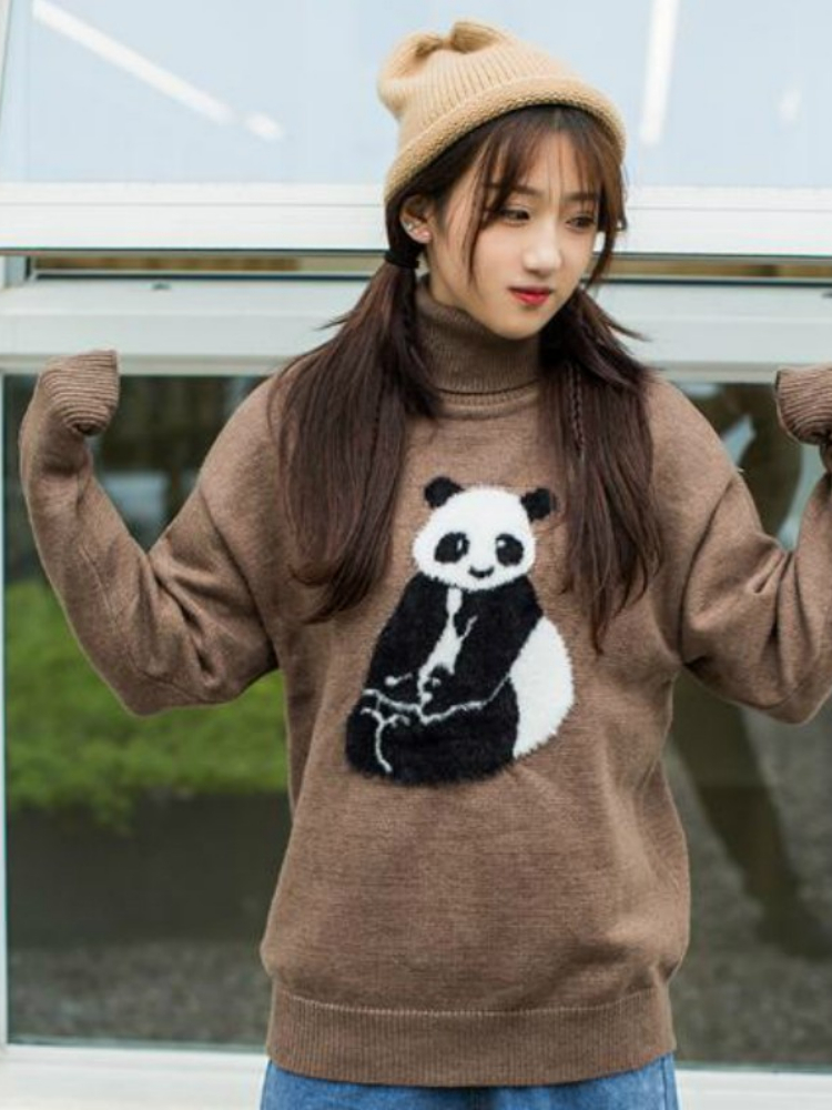 Turtlenek Sweaters For Women Ladies Cartoon Panda Embroidery Cute Knitted Pulover 2020 Winter Teenagr Girl Long Sleeve Warm Tops alx