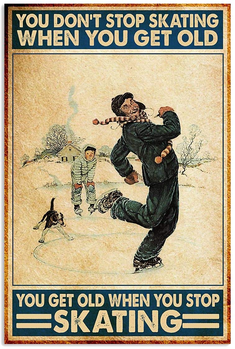 Vintage Grandpa Don’T Stop Ice Skating When You Get Old Poster Art Print      Home Decor Gift For Men Women Family Friend On Birthday Xmas