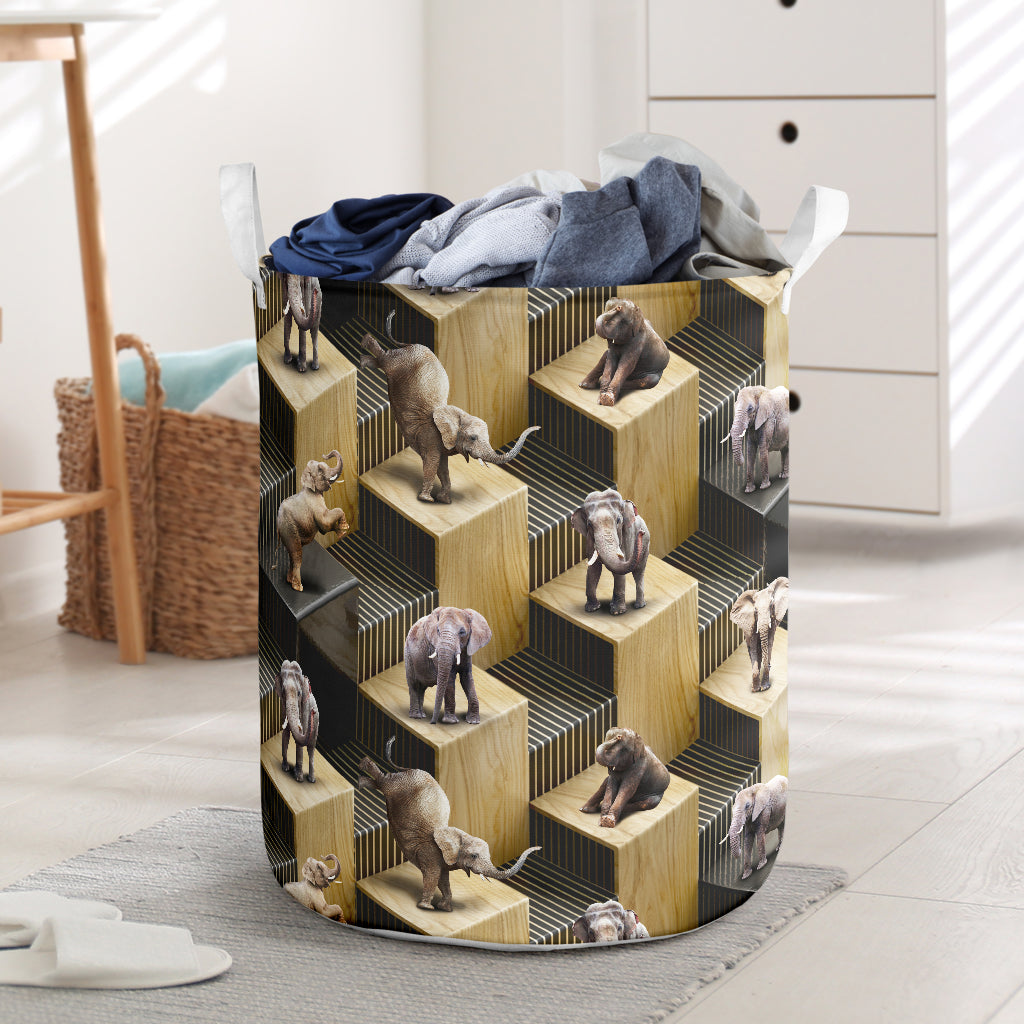 Elephant Wooden Stairs Basket All Over Print Toy Clothes Storage Basket Dirty Clothes Basket