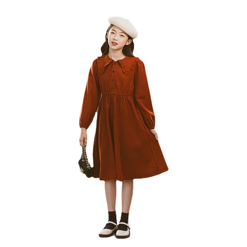 2022 Autumn Winter New Girl School Dress Teenage Baby Retro Corduroy Long Sleeve Dresses High Waist Casual Clothing Knee Length alx