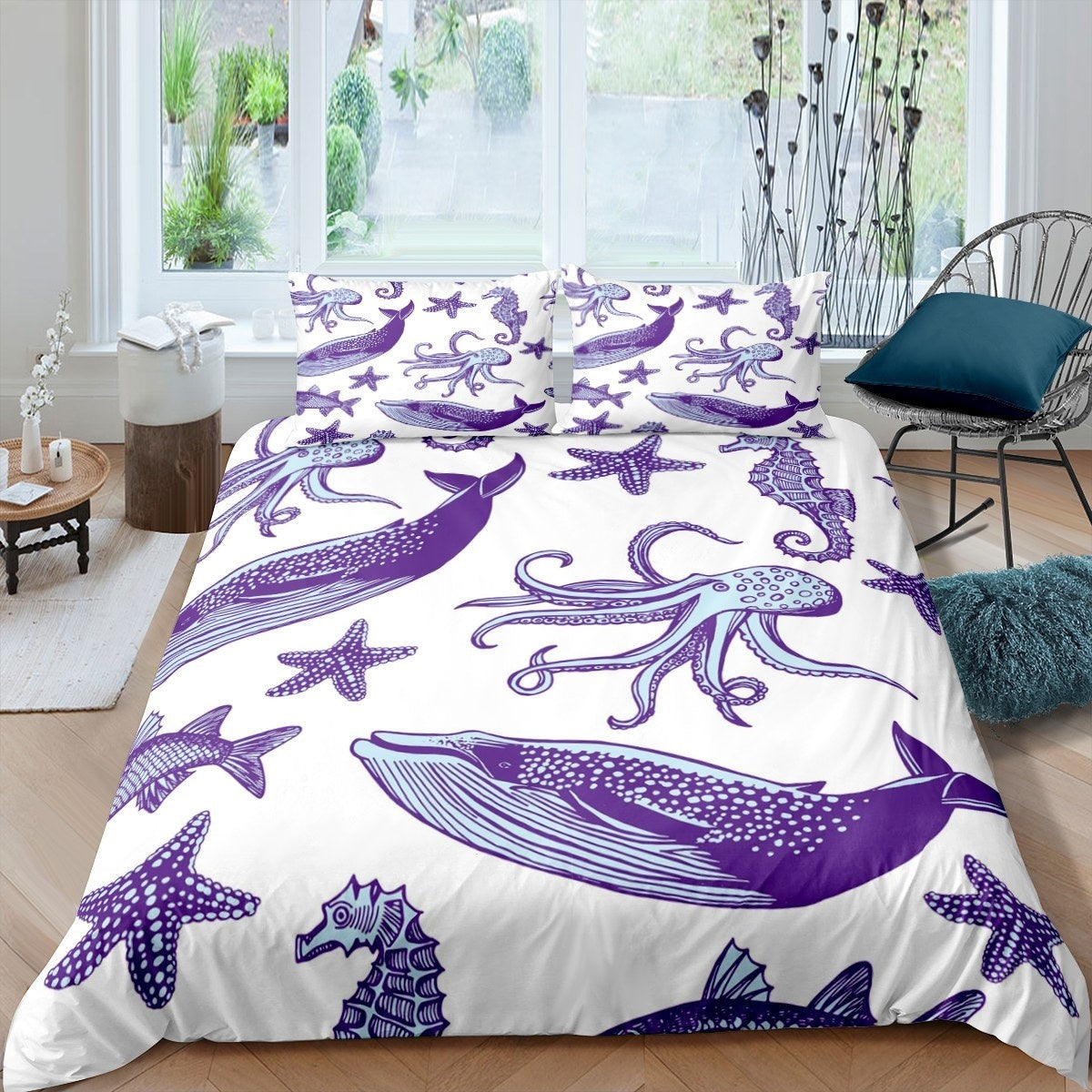 Octopus Duvet Cover Whale Starfish Seahorse Bedding Set Ocean Creature Themed Comforter Cover For Boys Girls Children Bedroom Decor Marine Cartoon Sealife Bedspread Cover