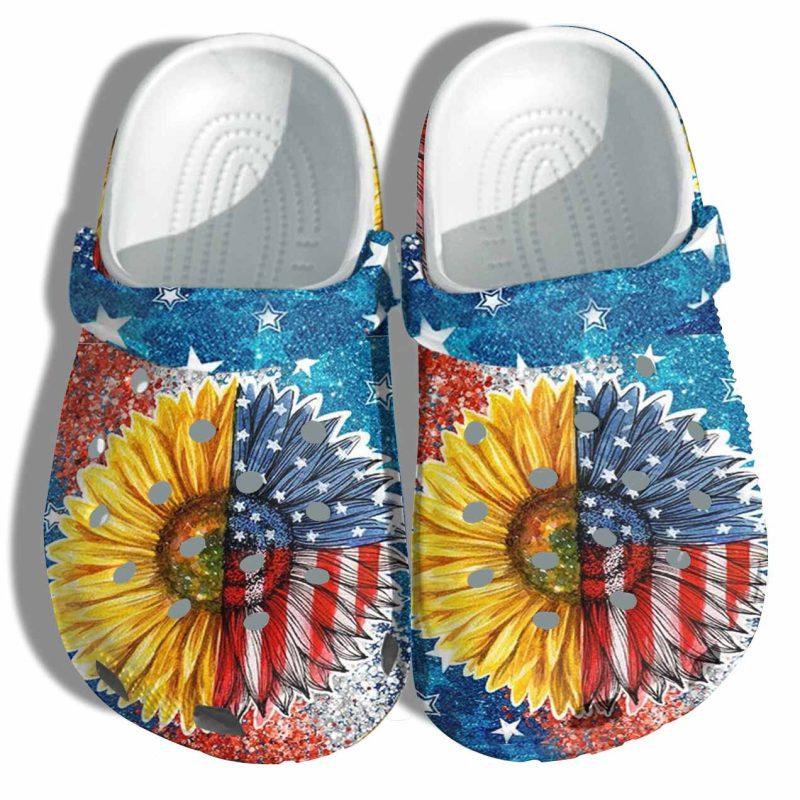 Sunflower America Flag Croc Shoes Gift Women – Sunflower 4Th Of July Twinkle Shoes Birthday Gift