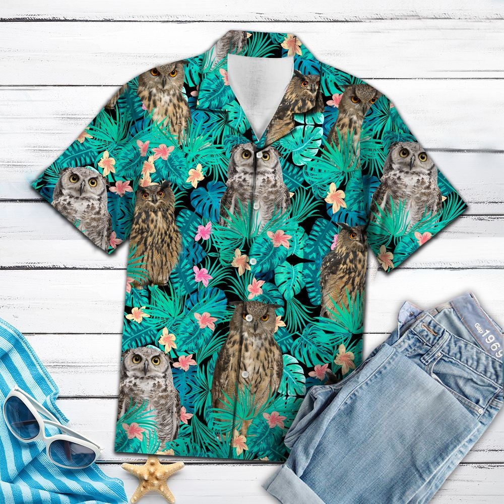 Owl Tropical Hawaiian Unisex Print Aloha Short Sleeve Casual Shirt Ha90367