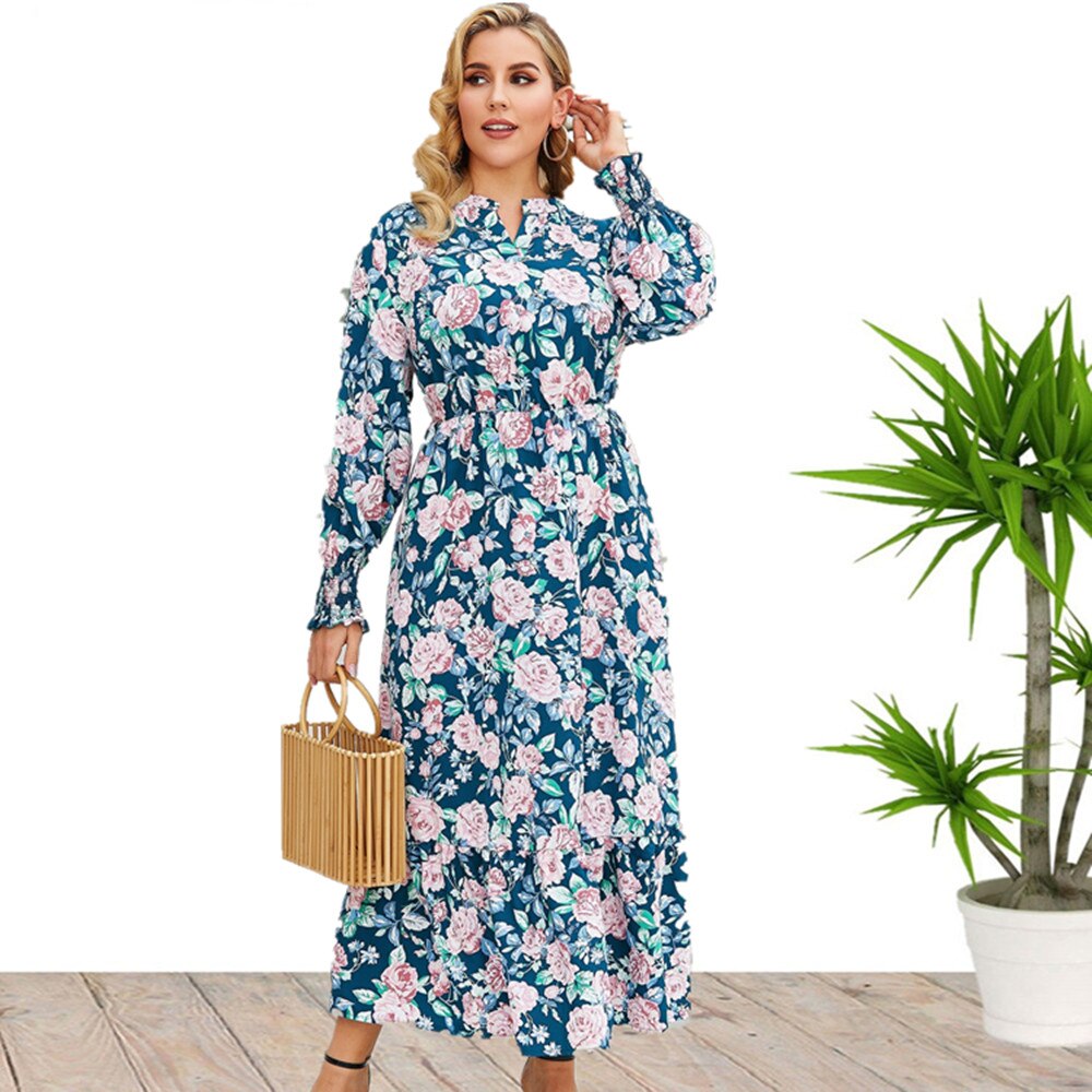 2022 New Arrival Floral Print Long Sleeve Plus Size Autumn Dresses For Women Wholesale China alx