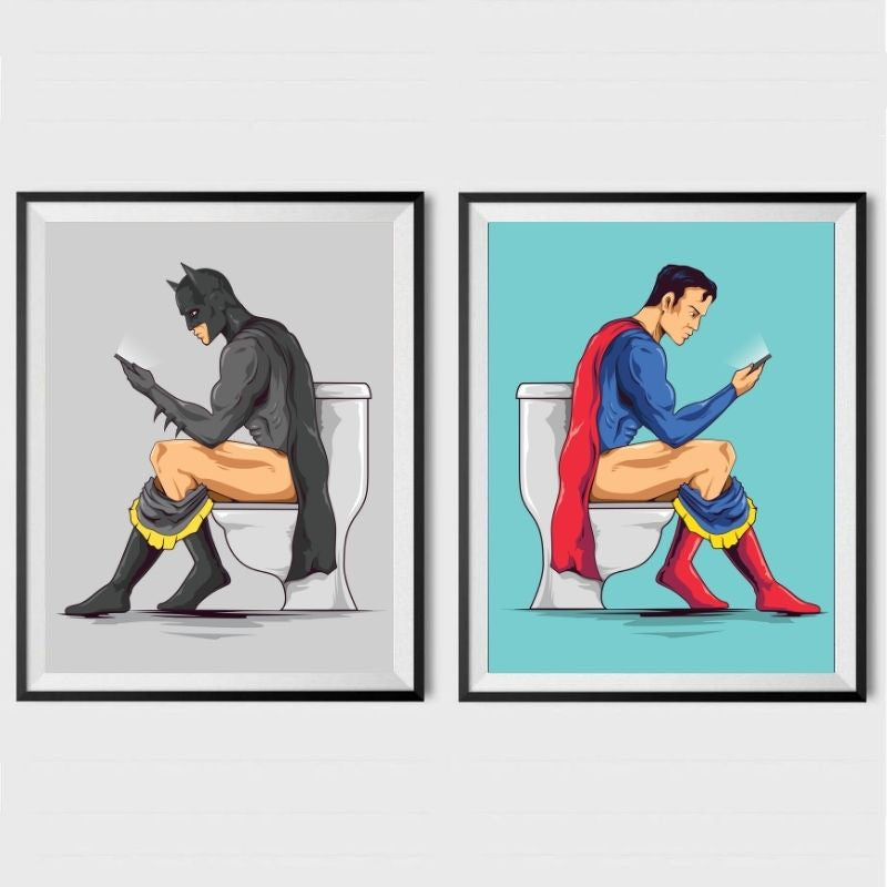 Batman & Superman Texting On The Toilet Bathroom Poster 11×17