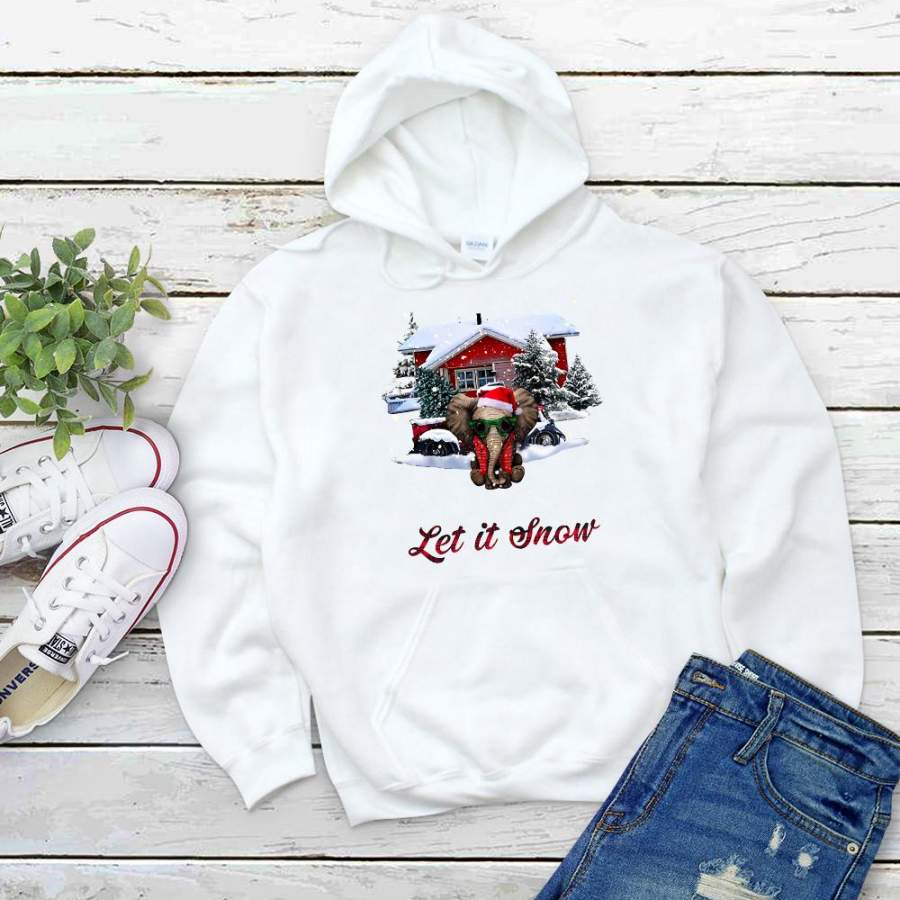 Elephant let it snow house in winter season merry christmas snow santa hat white hoodie for men and women S-5XL