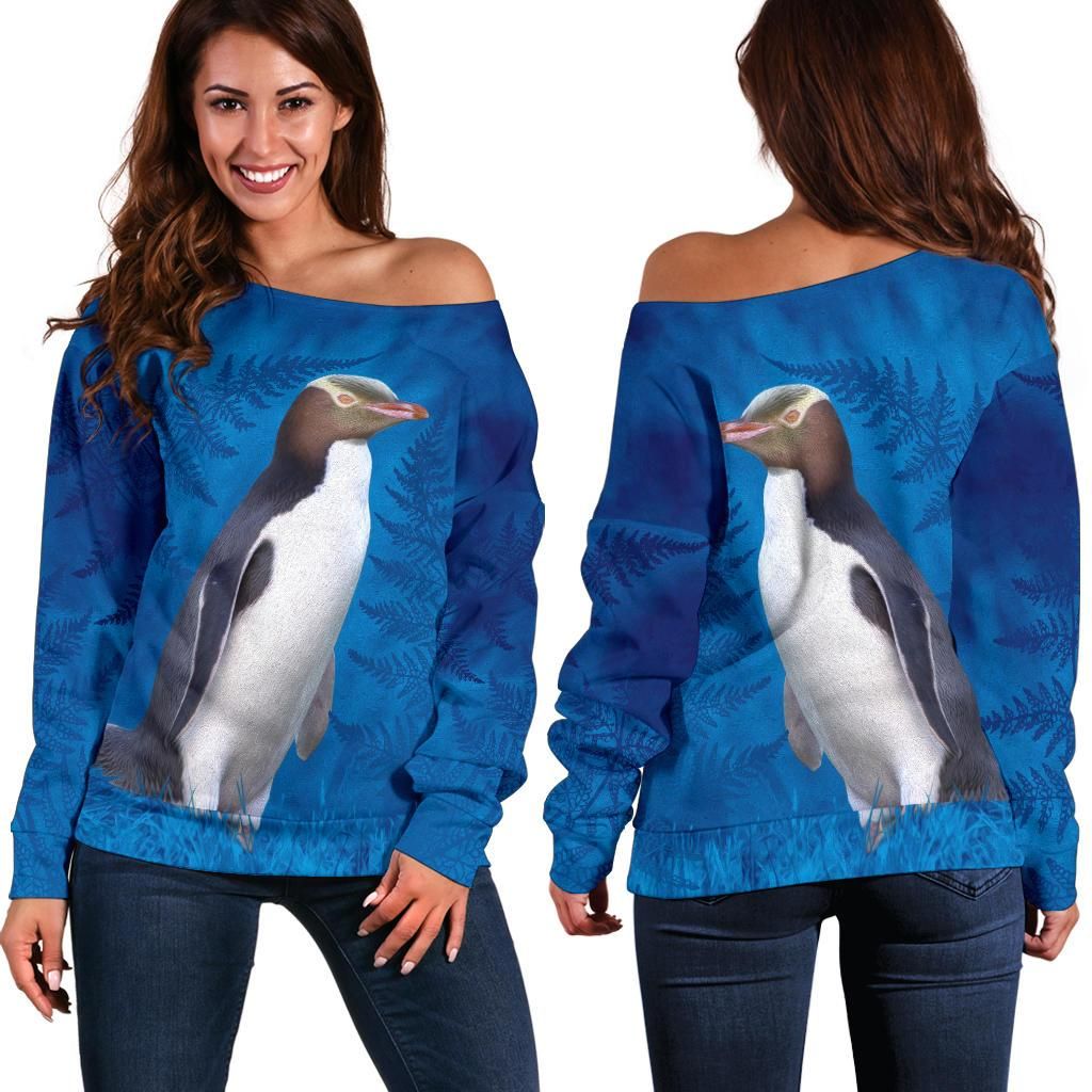 New Zealand Off Shoulder Sweater Hoiho Yellow Eyed Penguin K4