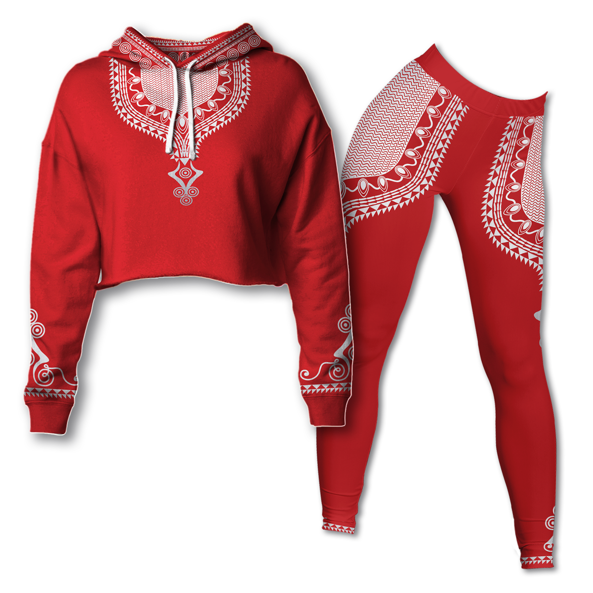 Dashiki Red Color Cropped Hoodie & Legging Matching Set