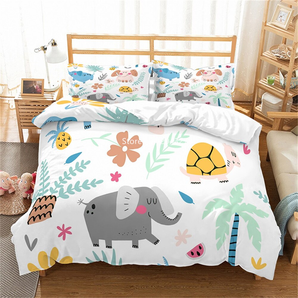 Children’S Bedroom Decorative Bedding Set Colored Cartoon Elephant Pattern Comfortable Duvet Cover And Pillowcase Home Textile