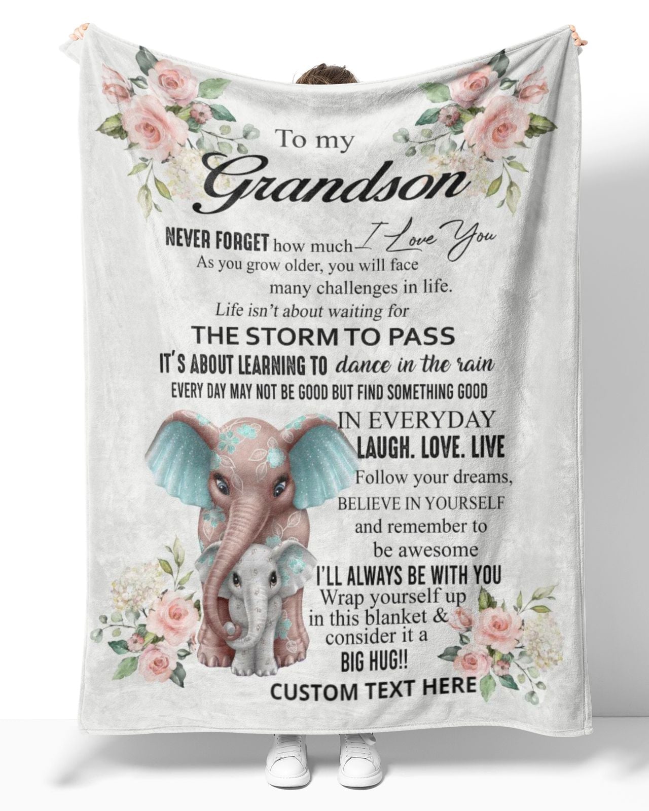 Personalized To My Grandson Elephant Rose Flower Blanket, To My Grandson Never Forget How Much I Love You Blanket Gifts For Grandson