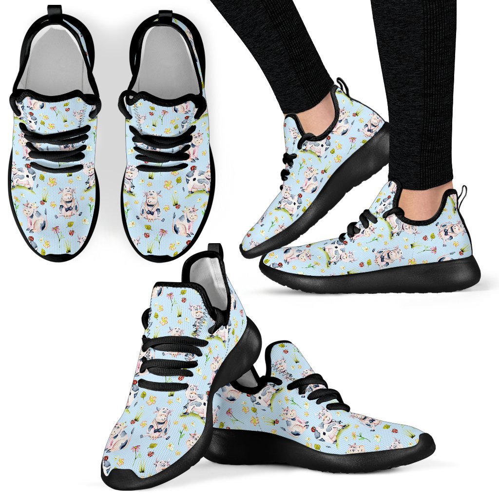 Watercolor Cartoon Cow Pattern Print Mesh Knit Shoes