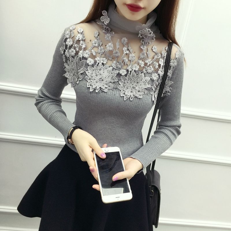 Woman Sweaters Pullover Turtleneck Pullover Women’s Lace Stitching Hollow-out Sweater Femme Chails alx