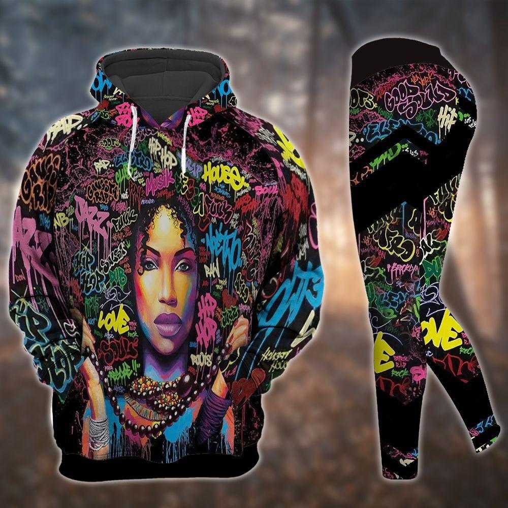 Black Queen All Over Print Leggings Hoodie Set Outfit For Women | Hts1470