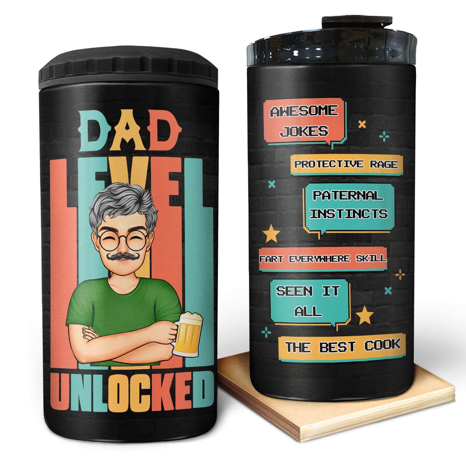 Dad Level Unlocked Skills – Gift For Dad, Grandpa – Personalized Custom 4 In 1 Can Cooler Tumbler