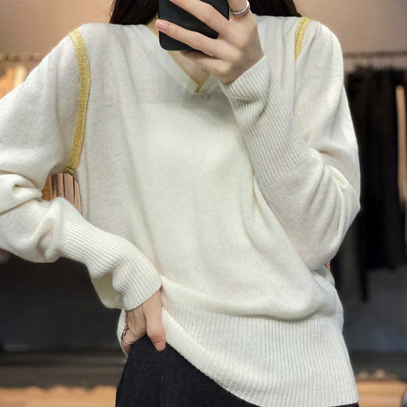 2022 new loose pullover V-neck woolen knit gold thread stitching sweater pullover woman alx