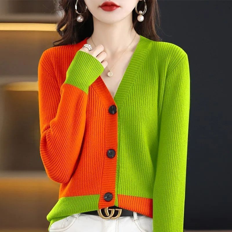 Autumn Winter Streetwear Loose Casual Patchwork Sweater Women Elegant Fashion All-match Button Up Knitting Coat Ladies Cardigan alx