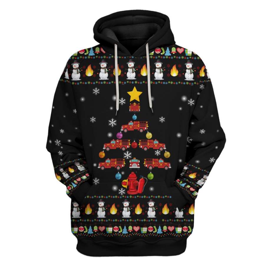 3D Firefighter Truck Tree Ugly Christmas Sweater Custom Hoodie Apparel