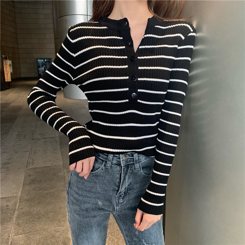 Zoki Striped Women Pullover Sweater Fashion Button Long Sleeve Knitted Slim Korean Jumper Causal High Elastic Ladies Top alx