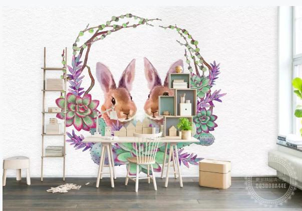 3D Hand Painted Rabbit Succulent Plant Wall Mural Wallpaper 109