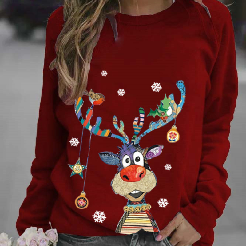 Autumn Winter Hoodies Fashion Christmas Long Sleeve Women Colorful Christmas Reindeer Cartoon Print Sport Sweater Loose Pullover alx