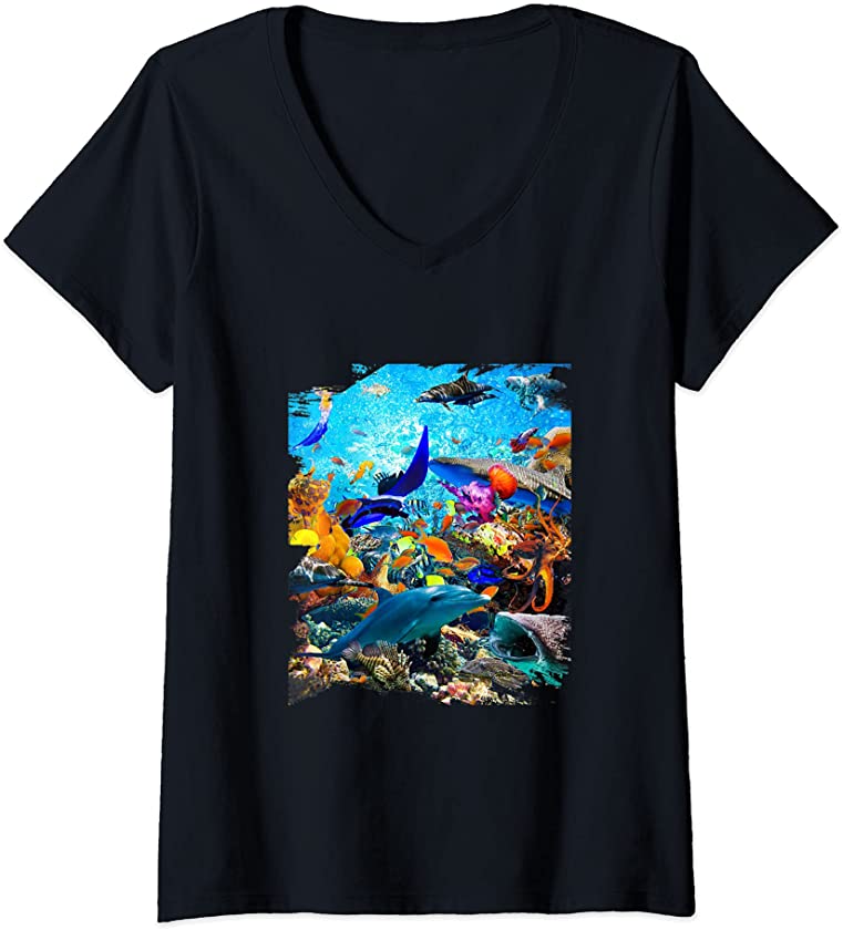 Womens Ocean Dolphin Shark Turtle Coral Sea Fish Orca Whale Reef V-Neck T-Shirt