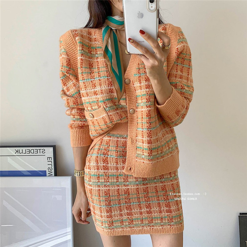 2021 Spring Autumn Women Set Sweater Fashion Loose Plaid Knitting Cardigans+skirt Female Set Ensemble Femme Two-piece Suit alx