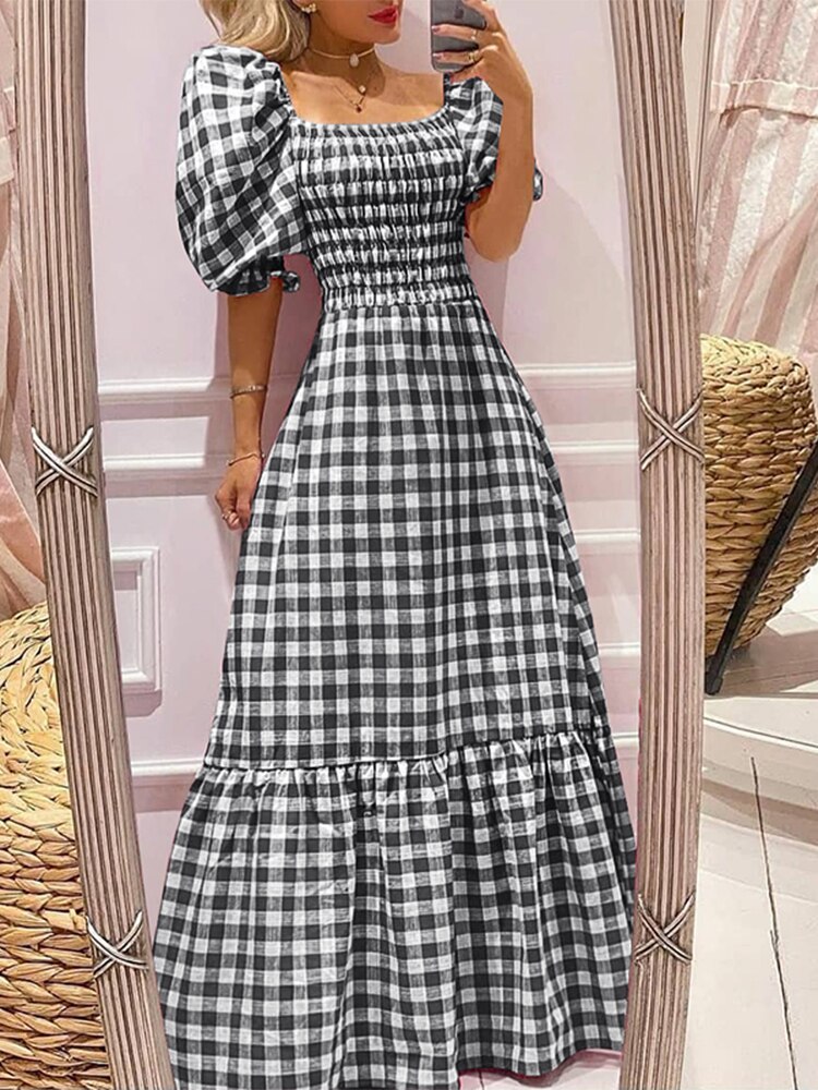 VONDA Summer Long Maxi Dress 2022 Women Casual Short Sleeve Square Collar Vintage Plaid Party Bohemian Vestidos Loose Sundress alx