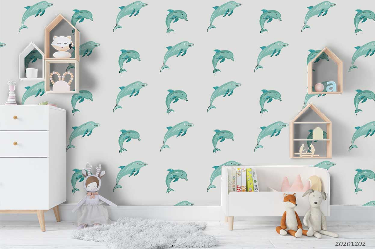 3D Cartoon Hand Drawn Ocean Blue Dolphin Pattern Wall Mural Wallpaper Lxl