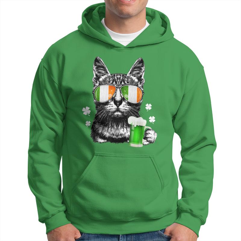 Black Cat St Patricks Day Tshirt Kitty Kitten Lover Drinking Men Hoodie Graphic Print Hooded Sweatshirt