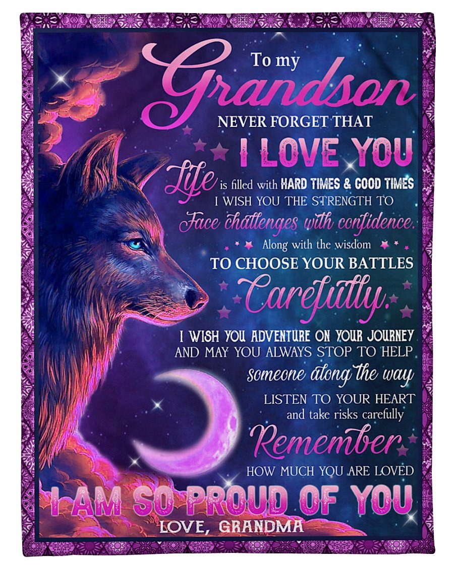 Wolf To My Grandson I Am So Proud Of You Fleece Blanket Gift From Grandma To Grandson Birthday Gift Home Decor Bedding Couch Sofa Soft And Comfy Cozy