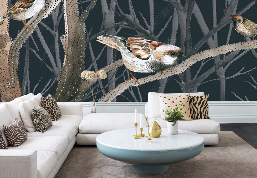 3D Hand Drawn Forest Animal Bird Wall Mural Wallpaper Lqh 119