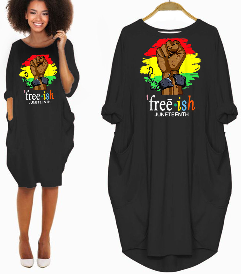 Beautiful African Dresses Free-Ish Juneteenth Black History Since 1865 Cute Girl With Afro Long Sleeve Pocket Dress Afrocentric Clothing