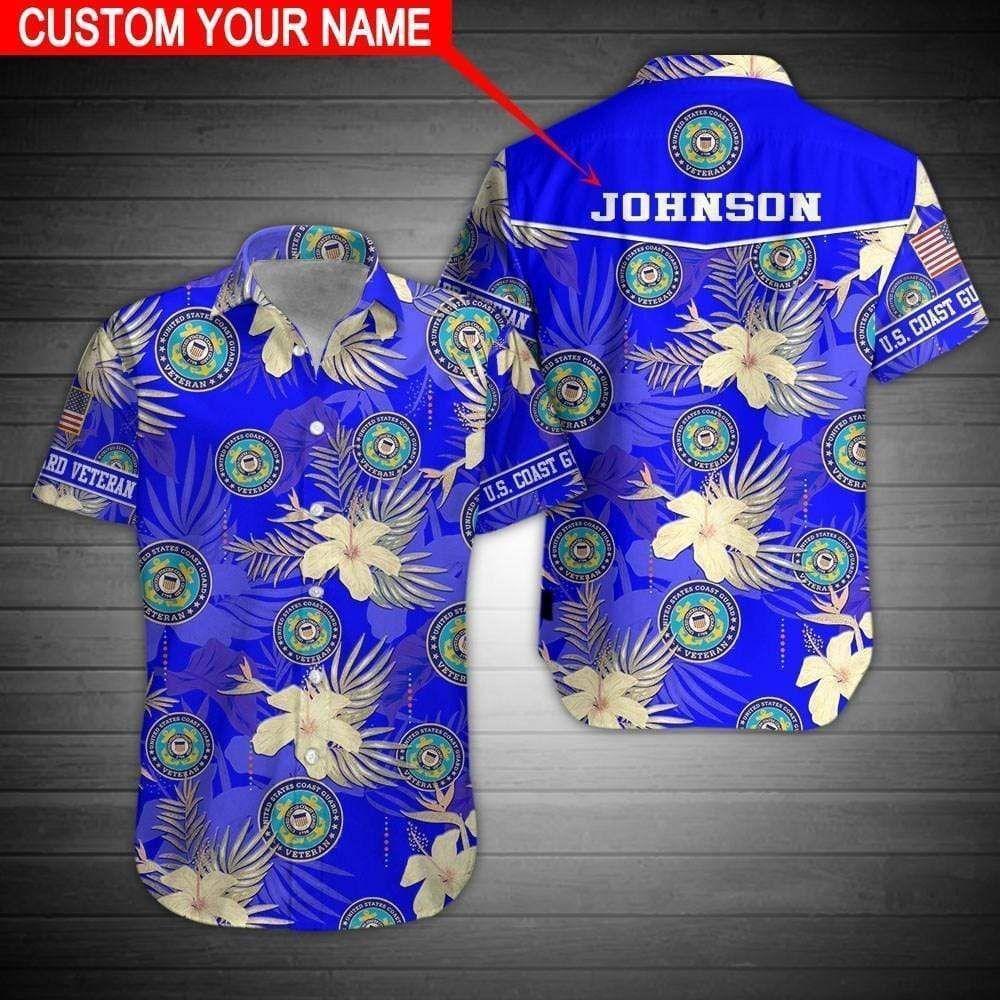 Beach Shirt Get Here Custom Name Us Coast Guard Blue Hibiscus Hawaiian Aloha Shirts