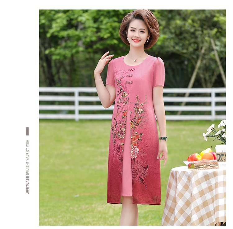 Women’s Summer Middle-aged Female Chiffon Dresses mother two-piece print flower loose dress alx